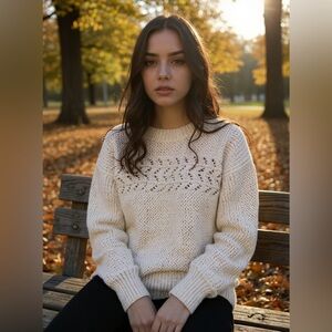 🍂 Hem & Thread Chic Cream Knit Sweater NWT.  SIZE L